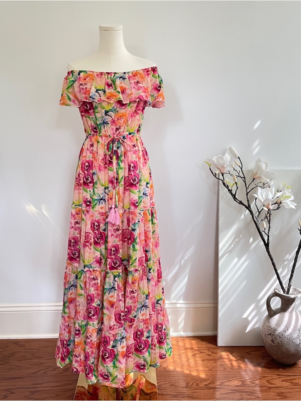 Pranella Floral Ruffle Maxi Dress S/M Boho Cottagecore Resort Romantic Tiered